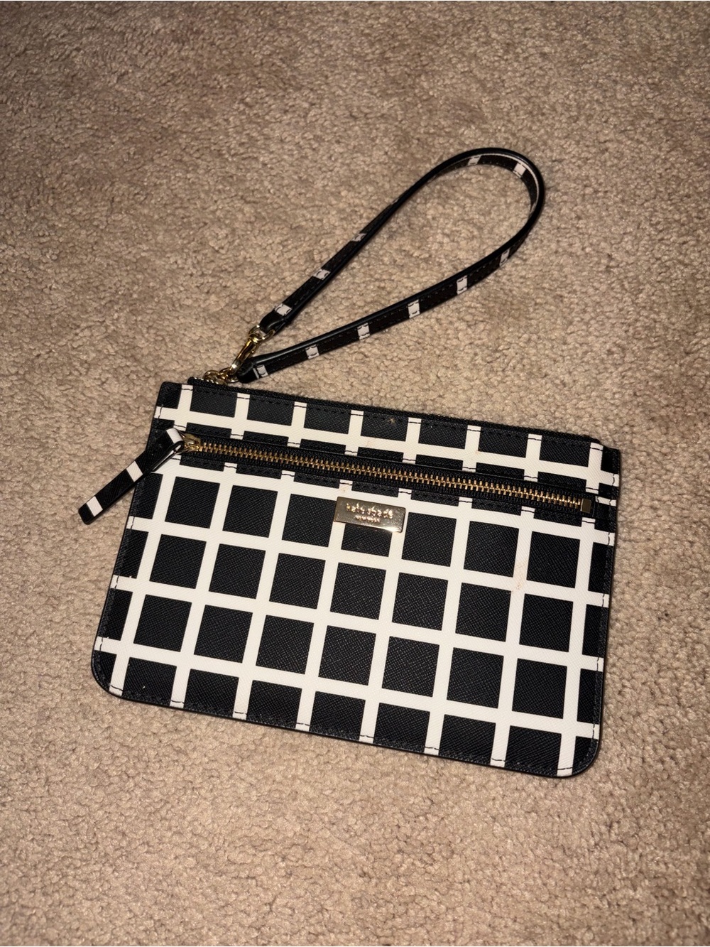 kate spade Black & White Grid Wristlet Clutch with Gold Hardware